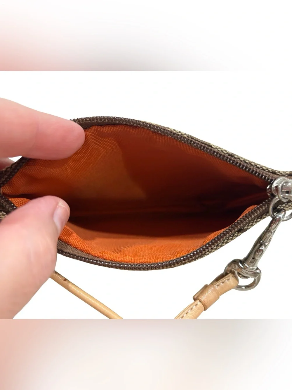 Vintage Coach Brown Signature Canvas Wristlet with Tan Leather Strap